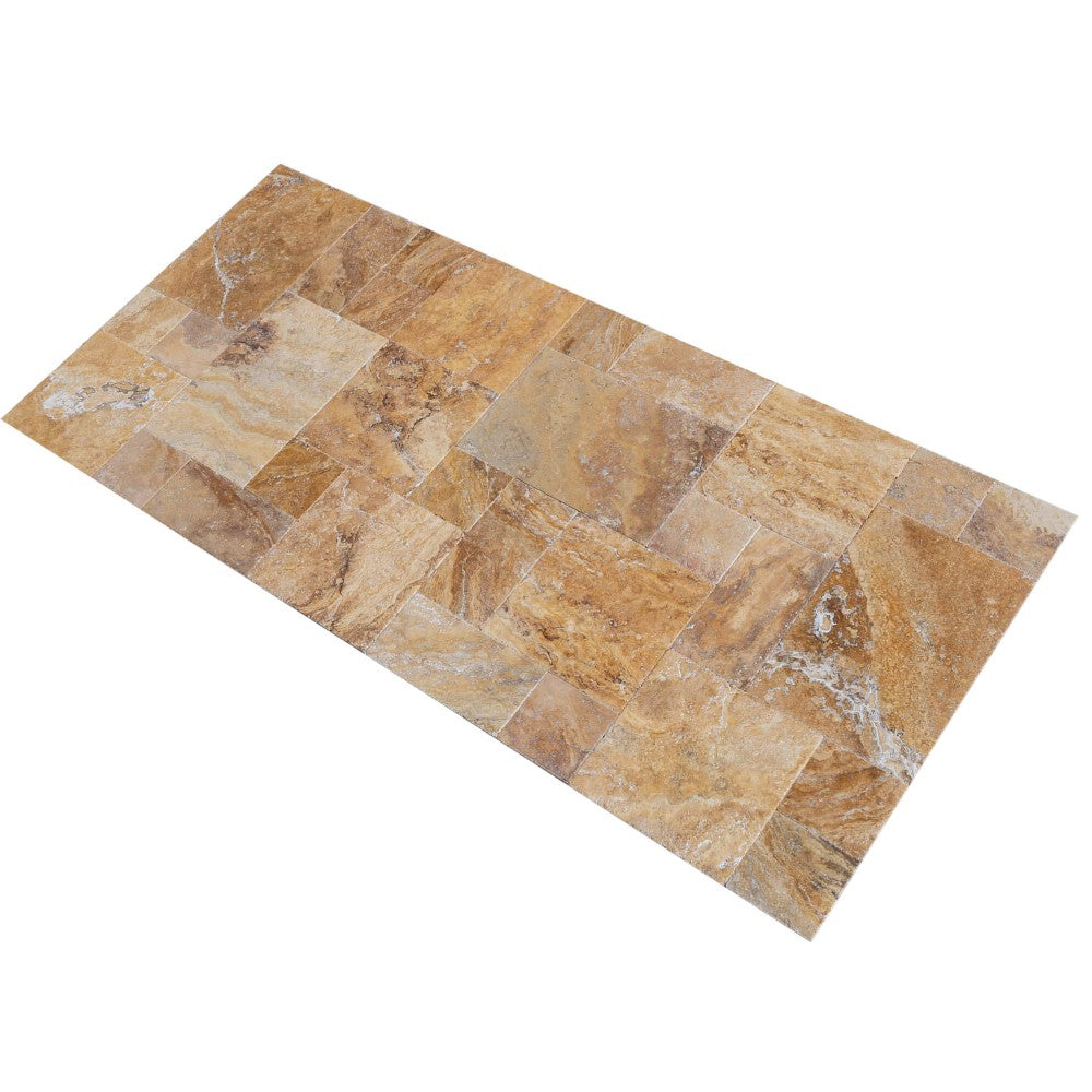 scabos antique french pattern set travertine tile brushed and chiseled and filled SKU-10080111 angle shot of product