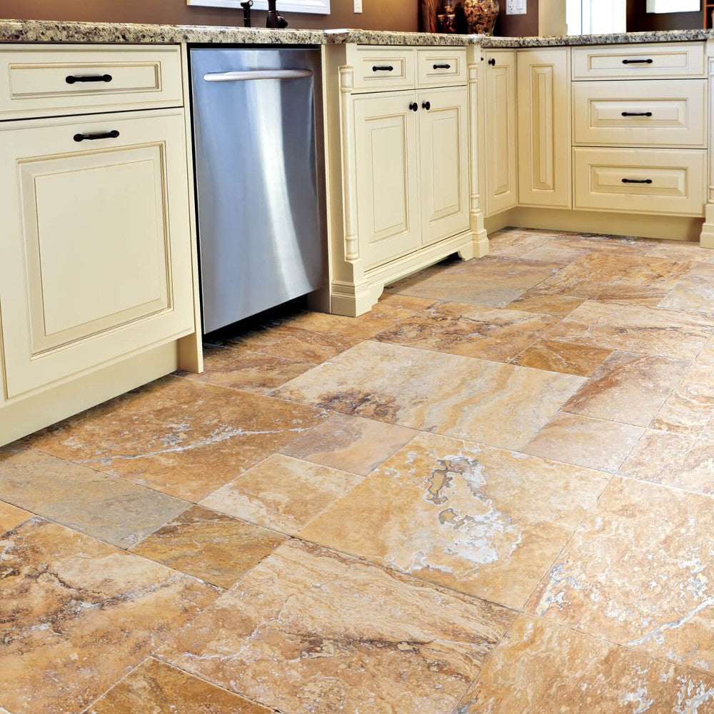 scabos antique french pattern set travertine tile brushed and chiseled and filled SKU-10080111 view of the product installed on the kitchen floor