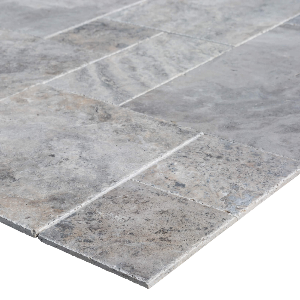 silver antique french pattern set travertine tile brushed chiseled filled SKU-10077236 close up thickness view of the product