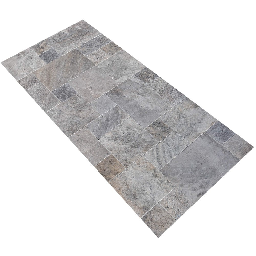 silver antique french pattern set travertine tile brushed chiseled filled SKU-10077236 angle shot of the product