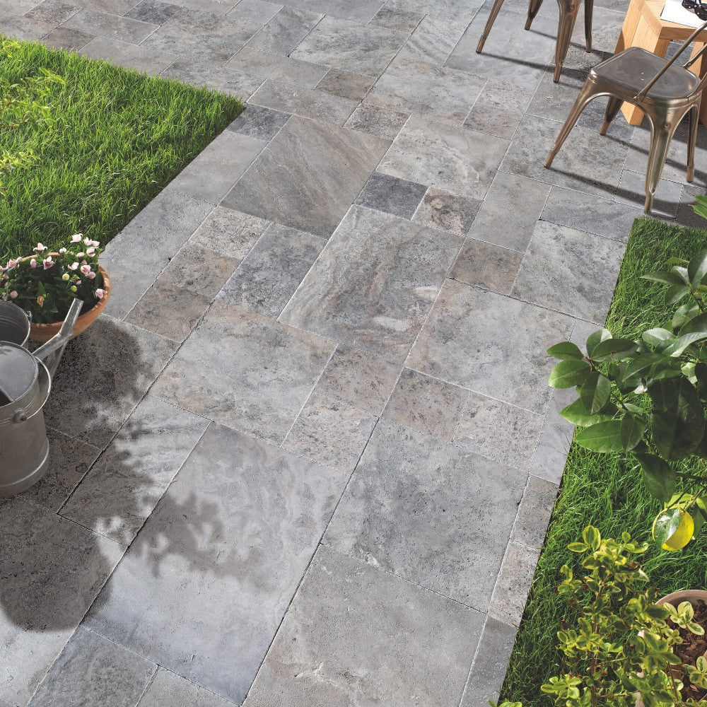 silver antique french pattern set travertine tile brushed chiseled filled SKU-10077236 installed view of travertine set
