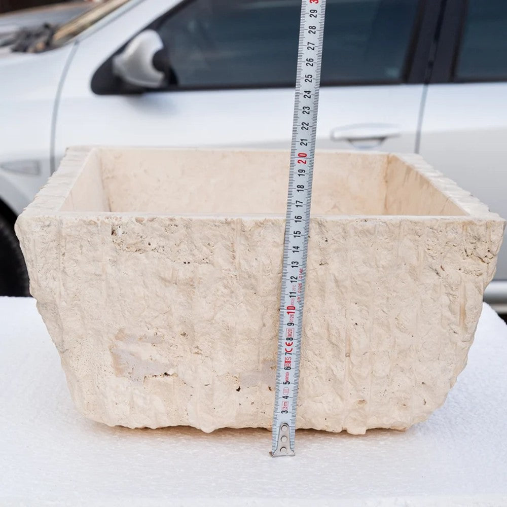 troia light beige rustic natural stone Vessel Sink honed and hand chiseled size W12 L17 H6 SKU NTRSTC54 height measure view