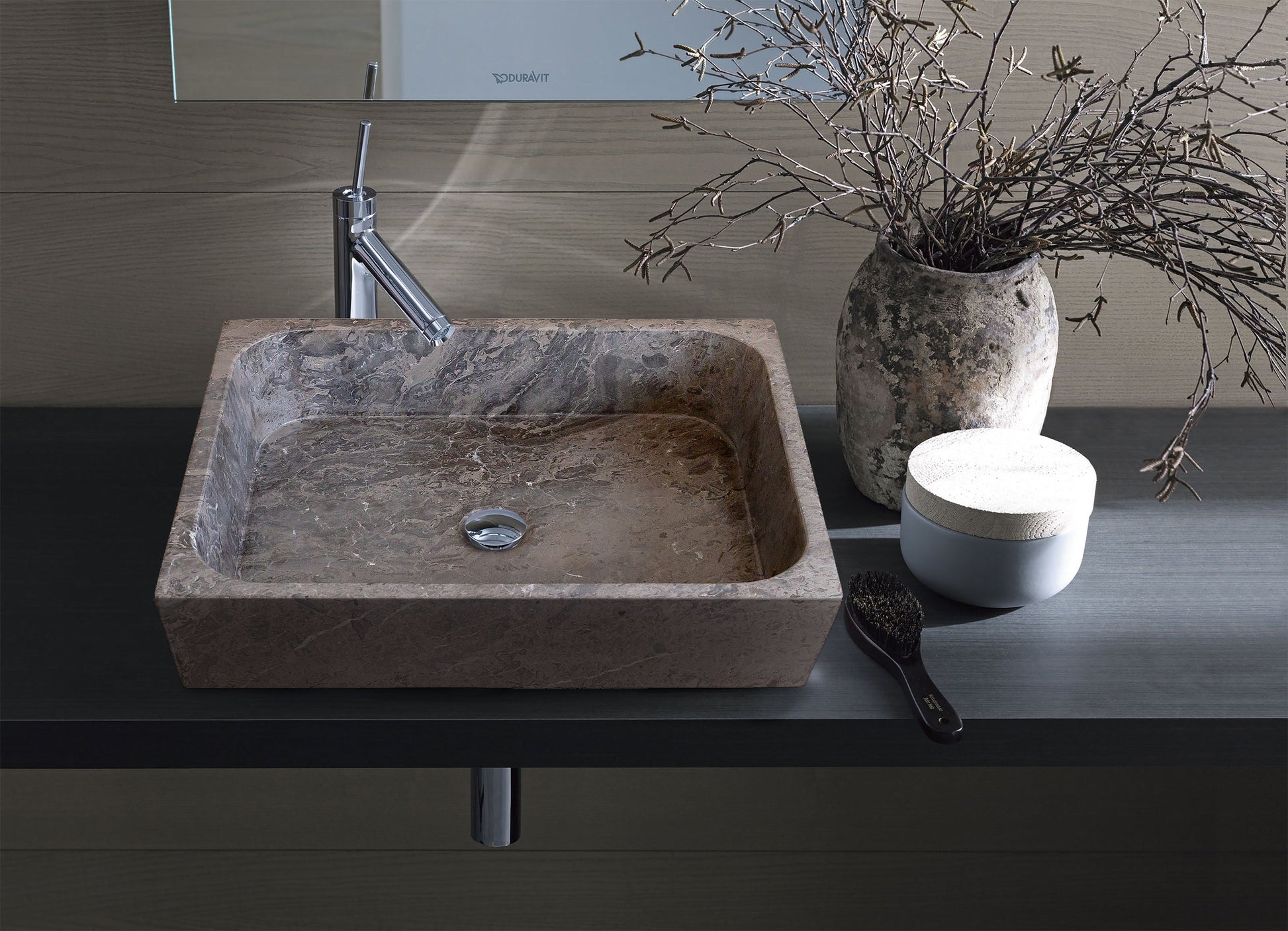 tundra gray marble farmhouse rectangular sink SKU NTRVS14 Size (W)16" (L)19.5" (H)5" installed in bathroom