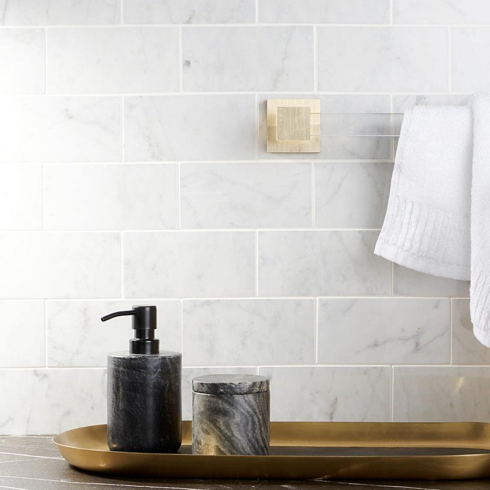 carrara white marble tile size 3"x6"x3/8" (7.5cmx15cm) surface polished edge beveled SKU-10086379 installed on bathroom wall