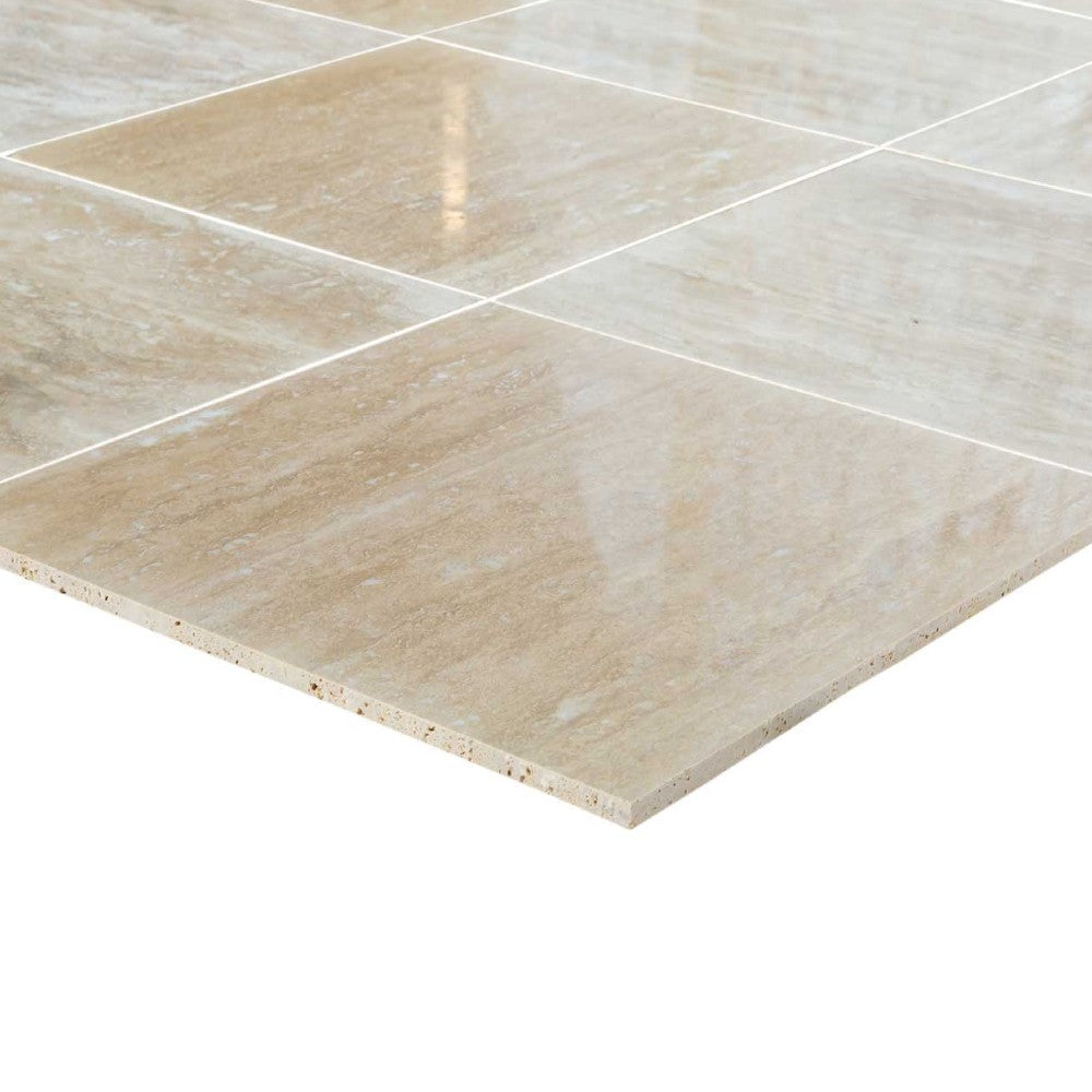 vein cut classic travertine tile size 16"x16" surface polished filled edge straight SKU-20012419 View of a close-up thickness of the product.