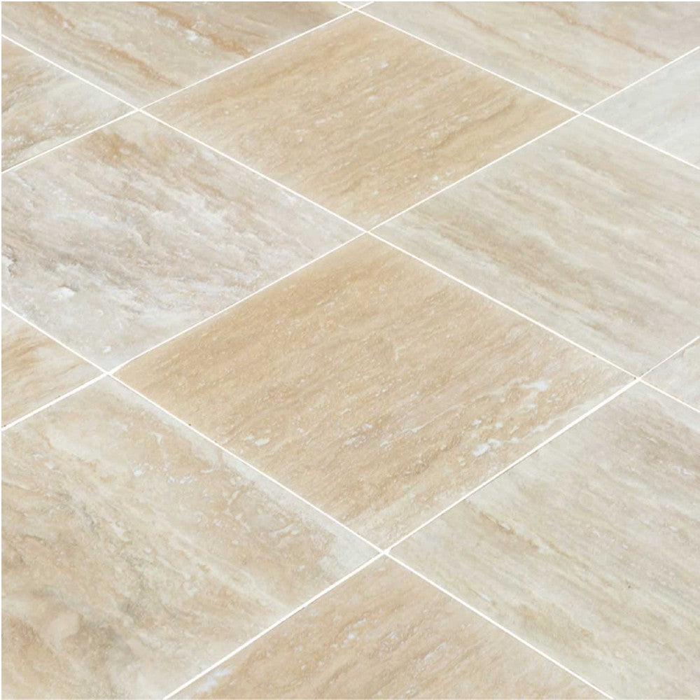vein cut classic travertine tile size 16"x16" surface polished filled edge straight SKU-20012419 Close-up shot of product.
