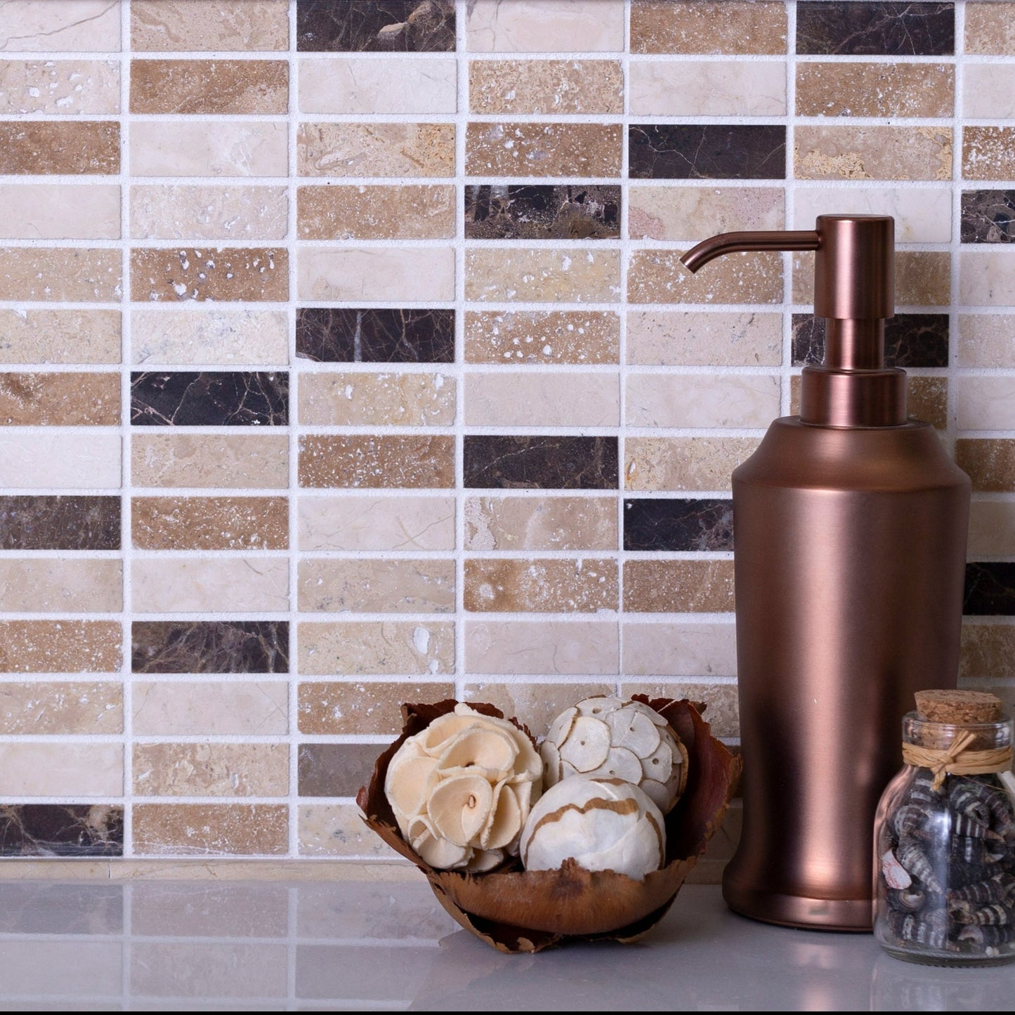 Emperador Dark, Beige Travertine 12x12 Polished Brick Marble Mosaic Tile (5 pack, 5 sq ft/case)