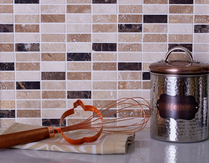 Emperador Dark, Beige Travertine 12x12 Polished Brick Marble Mosaic Tile (5 pack, 5 sq ft/case)