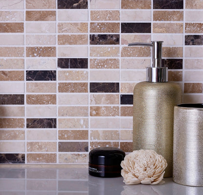 Emperador Dark, Beige Travertine 12x12 Polished Brick Marble Mosaic Tile (5 pack, 5 sq ft/case)