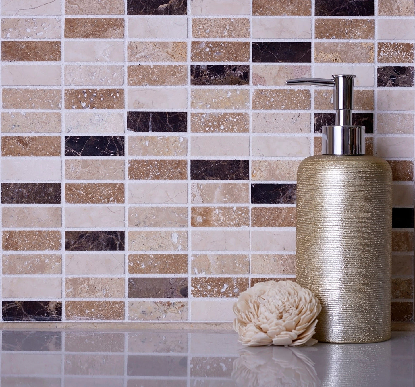 Emperador Dark, Beige Travertine 12x12 Polished Brick Marble Mosaic Tile (5 pack, 5 sq ft/case)