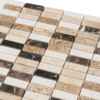 Emperador Dark, Beige Travertine 12x12 Polished Brick Marble Mosaic Tile (5 pack, 5 sq ft/case)