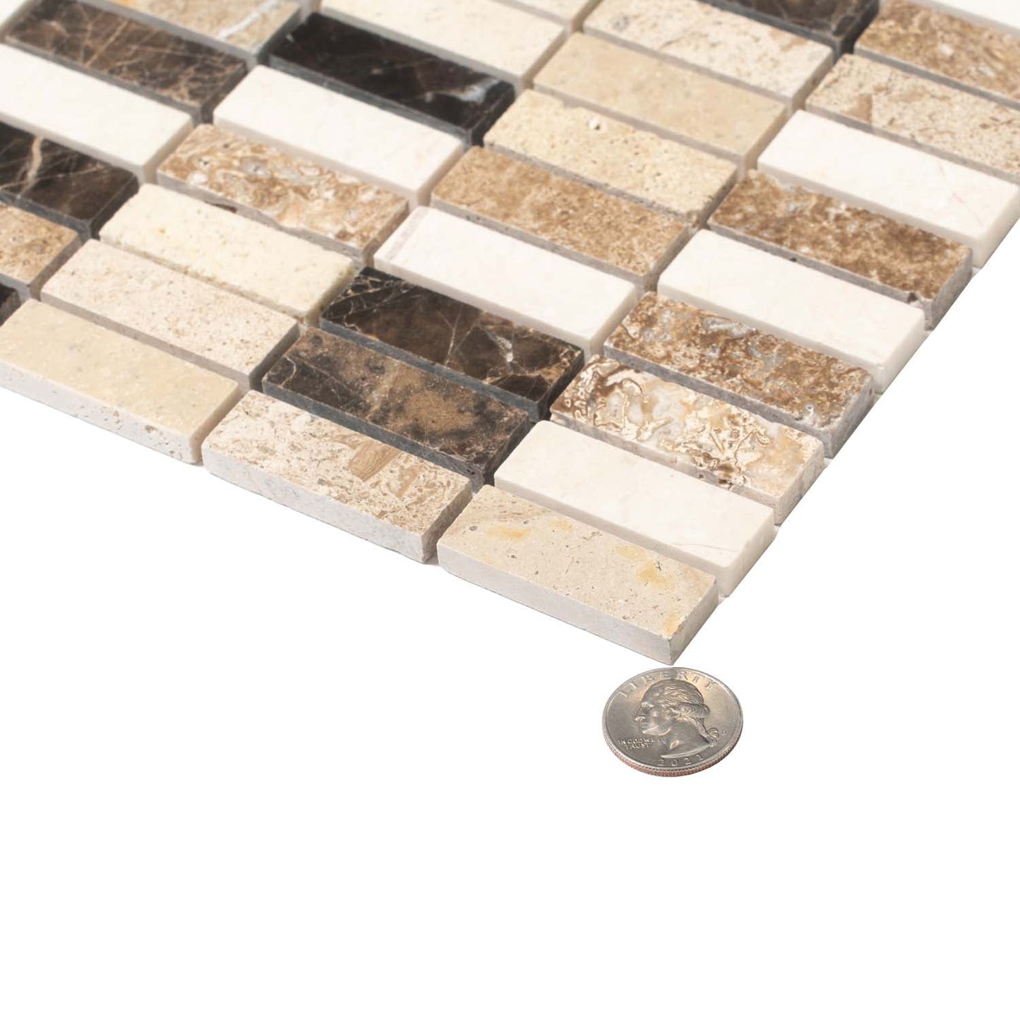 Emperador Dark, Beige Travertine 12x12 Polished Brick Marble Mosaic Tile (5 pack, 5 sq ft/case)