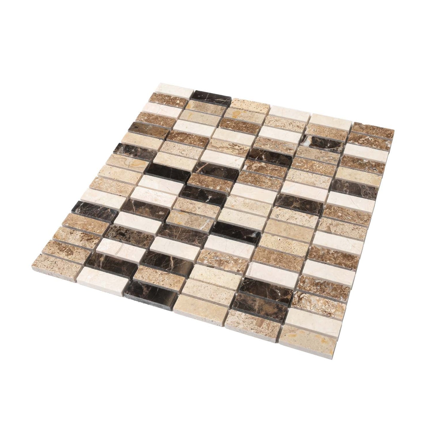 Emperador Dark, Beige Travertine 12x12 Polished Brick Marble Mosaic Tile (5 pack, 5 sq ft/case)