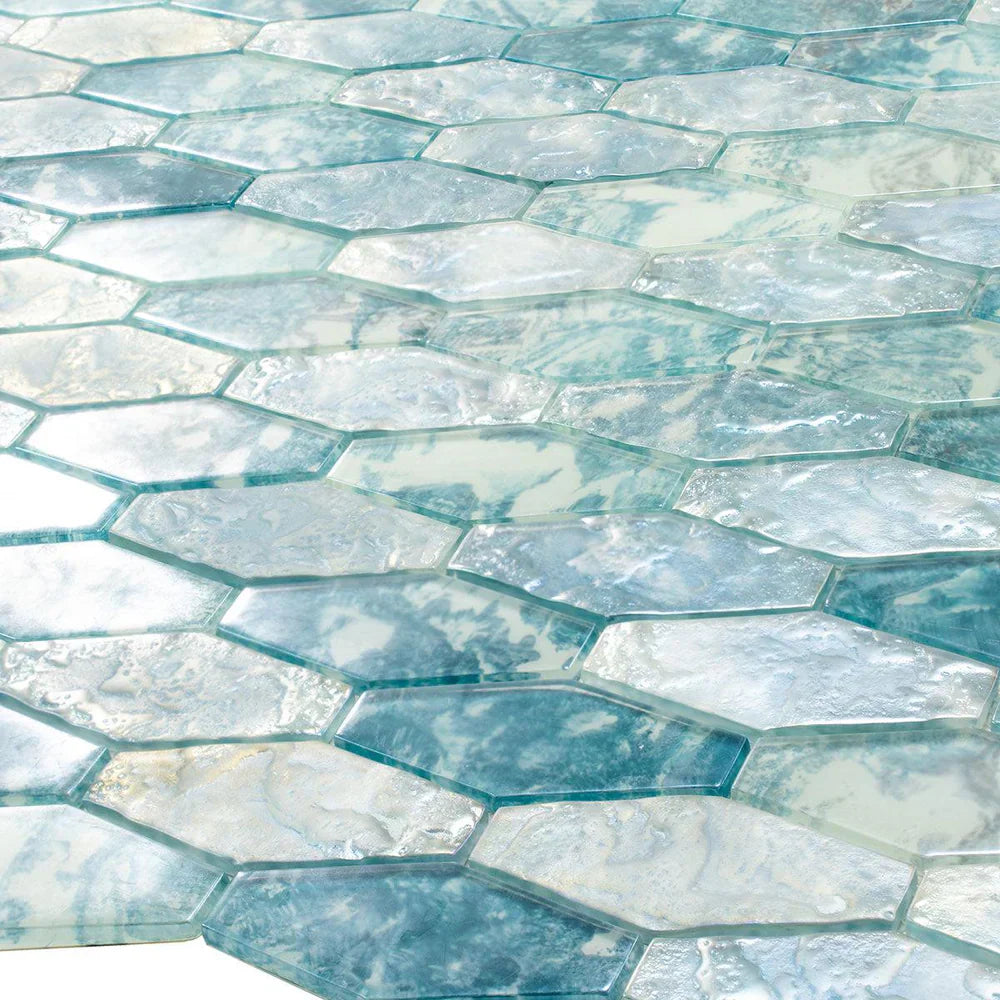Aqua 11x12 Matte Elongated Hexagon Glass Mosaic Tile (10 pack, 8.6 sq ft/case) - Sample