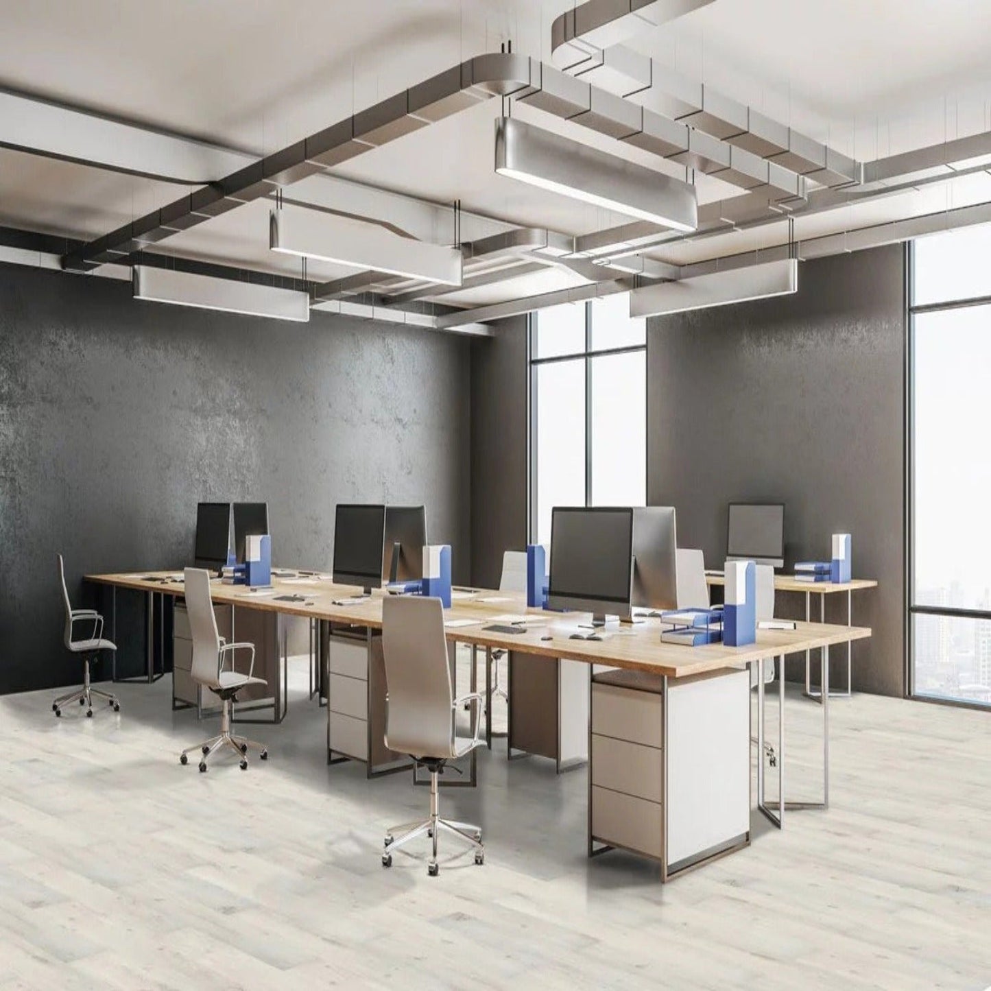 Fensis 22mil Heavy Duty Wear Layer SPC Vinyl Rigid Core 5.08mm Thick, 1mm IXPE Sound P - Pine Collection office view