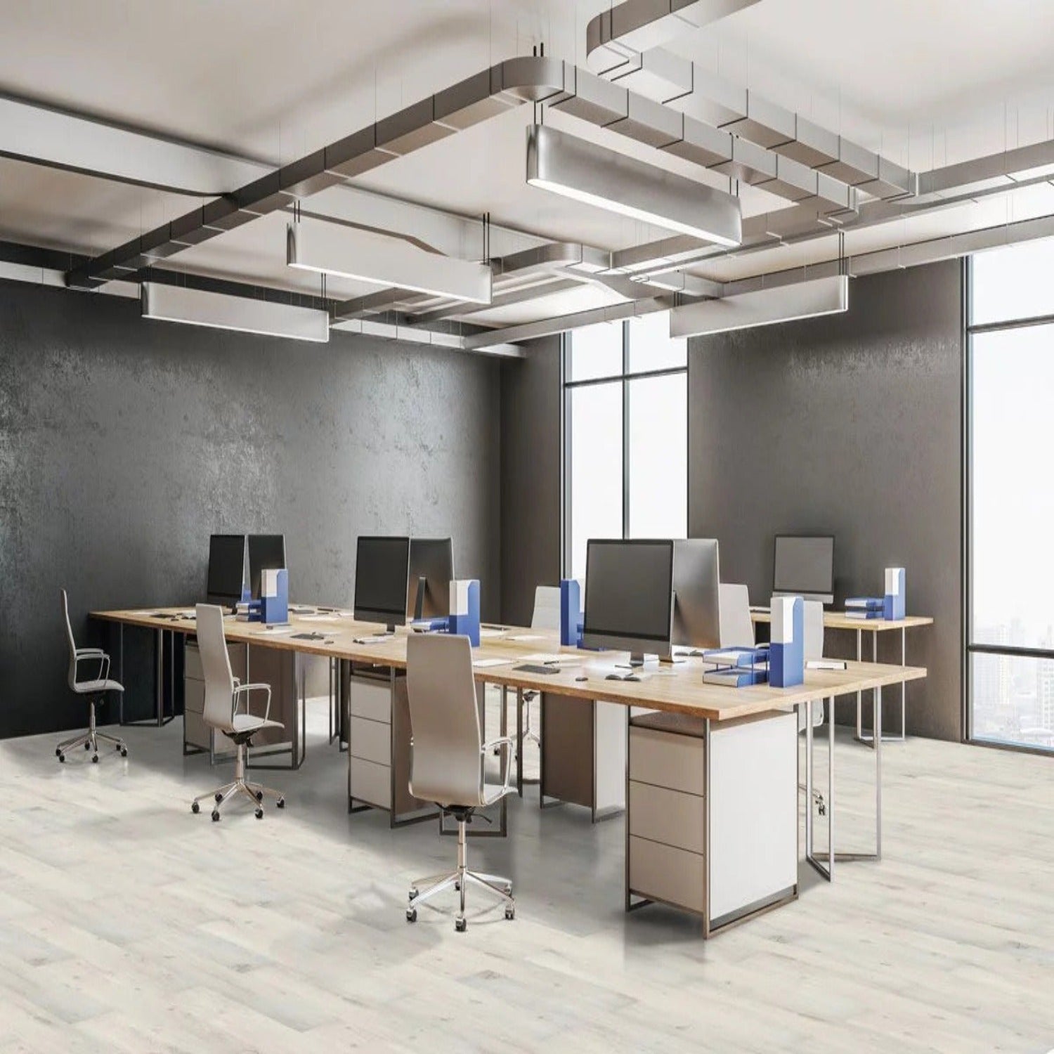 Fensis 22mil Heavy Duty Wear Layer SPC Vinyl Rigid Core 5.08mm Thick, 1mm IXPE Sound P - Pine Collection office view
