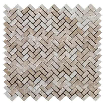 Medium Beige Travertine Tumbled Herringbone Mosaic Floor and Wall Tile