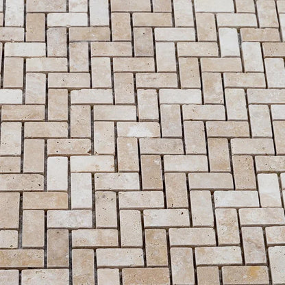 Medium Beige Travertine Tumbled Herringbone Mosaic Floor and Wall Tile