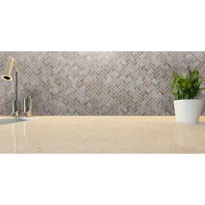 Medium Beige Travertine Tumbled Herringbone Mosaic Floor and Wall Tile