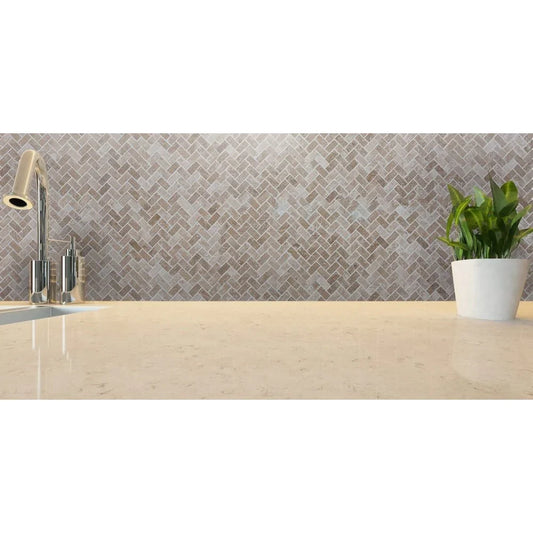 Medium Beige Travertine Tumbled Herringbone Mosaic Floor and Wall Tile