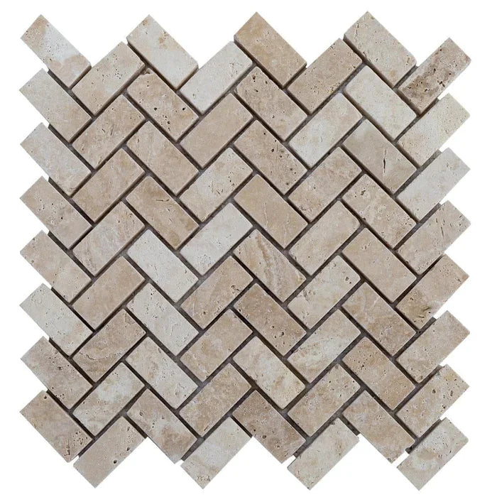 Medium Beige Travertine Tumbled Herringbone Mosaic Floor and Wall Tile
