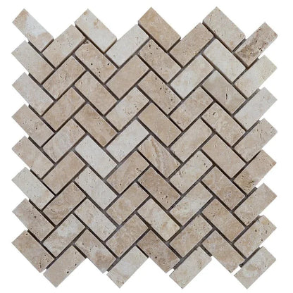 Medium Beige Travertine Tumbled Herringbone Mosaic Floor and Wall Tile