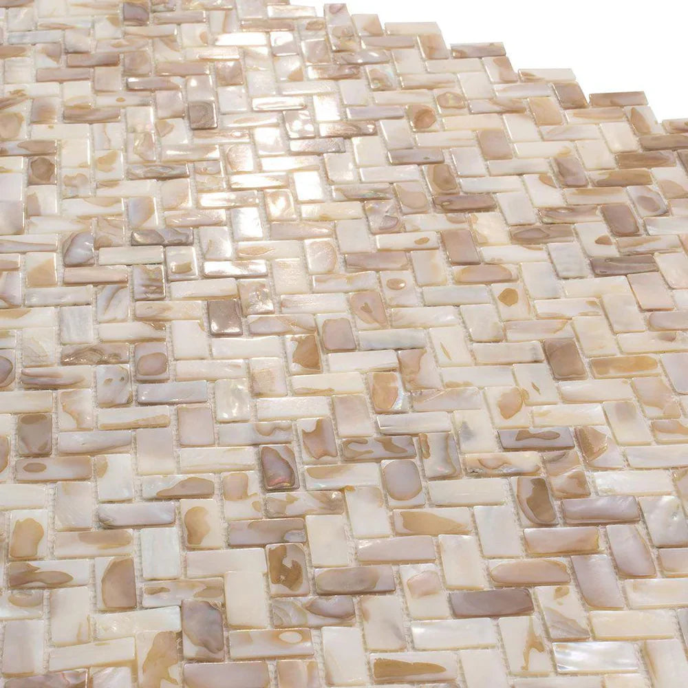White Beige 11x11 Polished Herringbone Shell Mother of Pearl Mosaic Tile (20 pack, 16.19 sq ft/case) - Sample