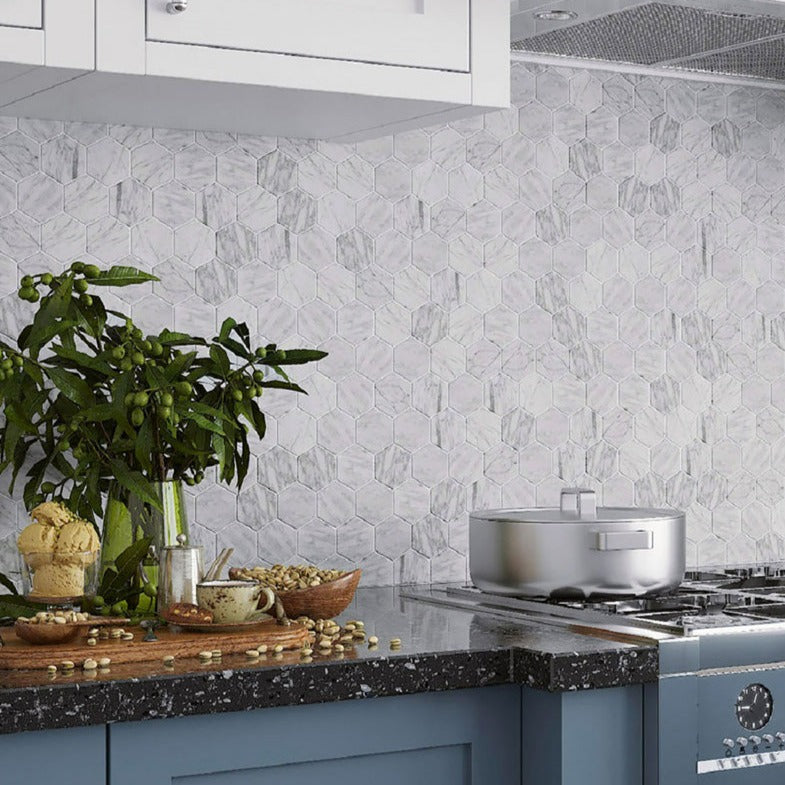 White 9x10 Hexagon Honed Carrara White Peel & Stick Tile (10 pack, 6.41 sq ft/case) - Sample