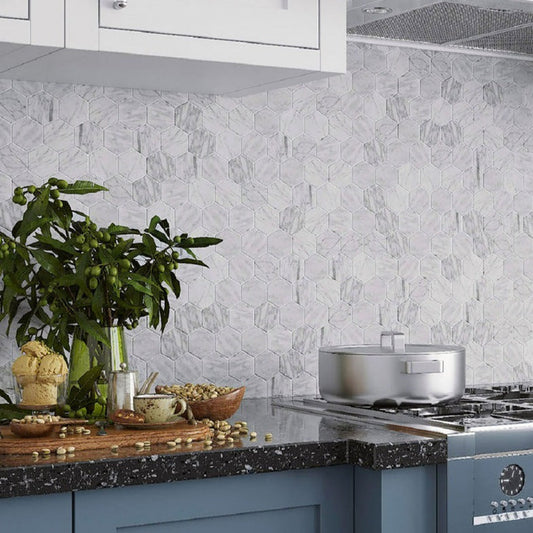 White 9x10 Hexagon Honed Carrara White Peel & Stick Tile (10 pack, 6.41 sq ft/case) - Sample