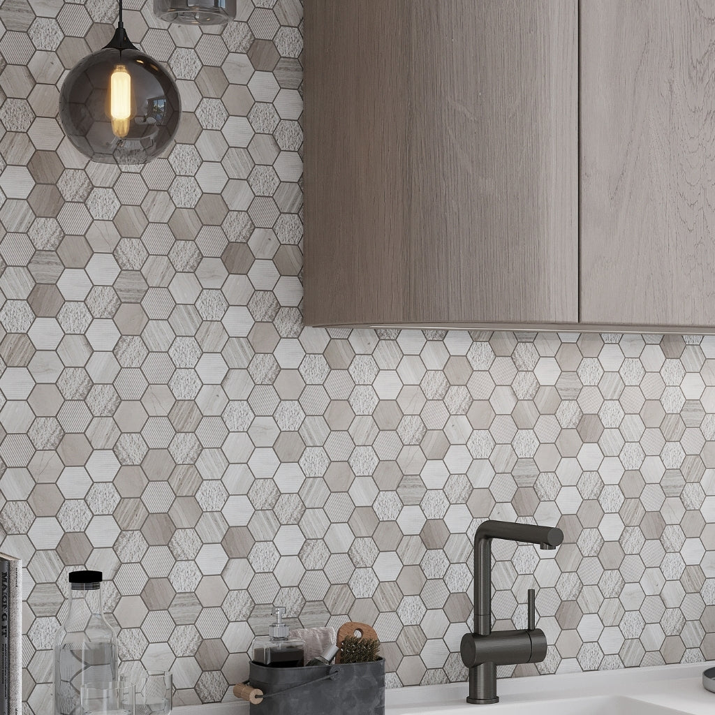 Wooden Grey 12x12 Etched Polished Hexagon Marble Mosaic Tile (5 pack, 4.92 sq ft/case)