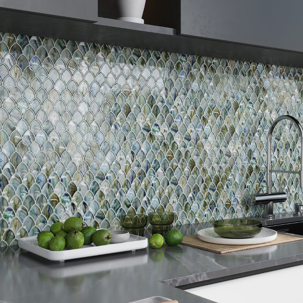 Blue Silver 11x11 Glossy Fan Fish Scale Glass Mosaic Tile (10 pack, 8.48 sq ft/case)