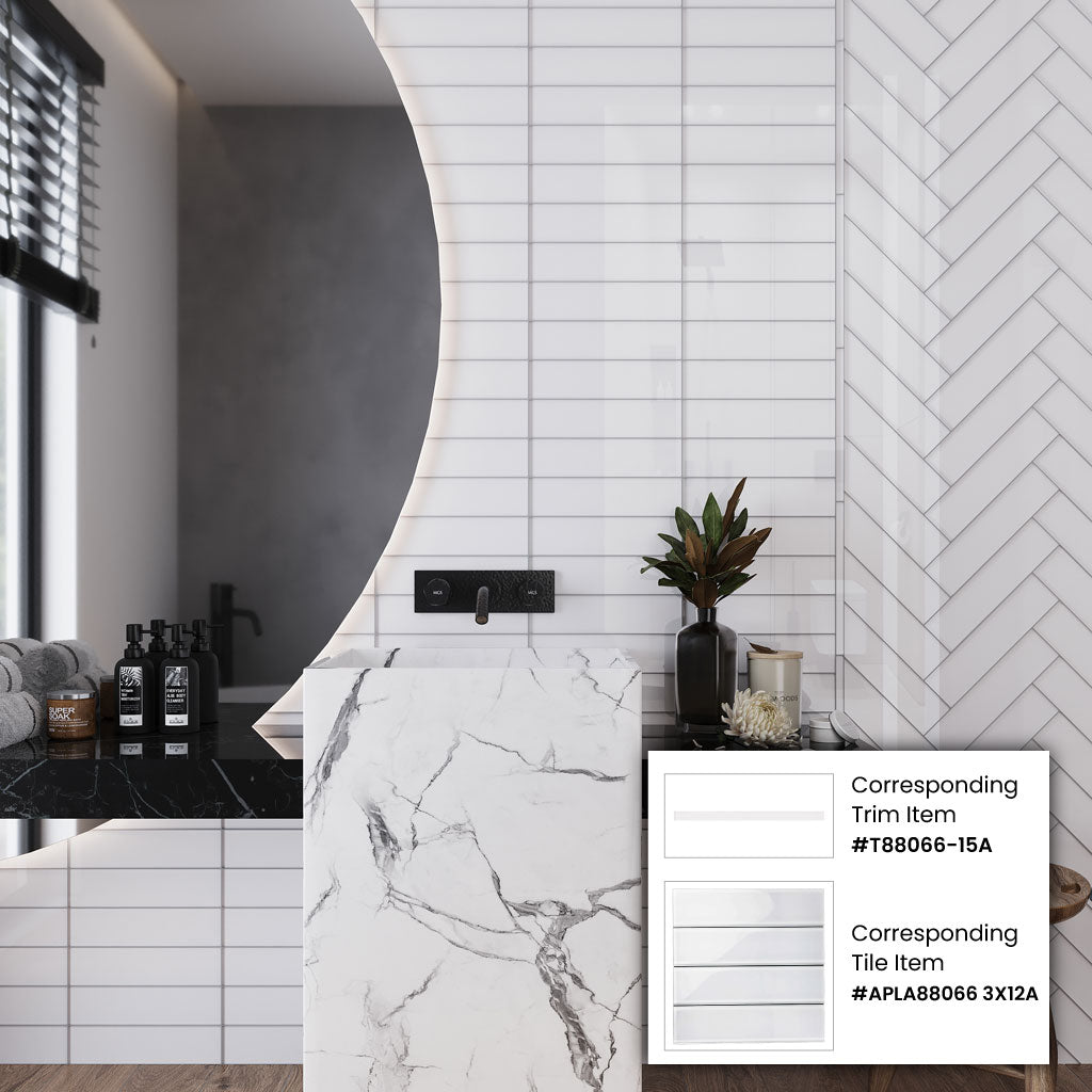 White 0.5x12 Glass Glossy Pencil Tile Trim (10 pack, 0.5 sq ft/case)