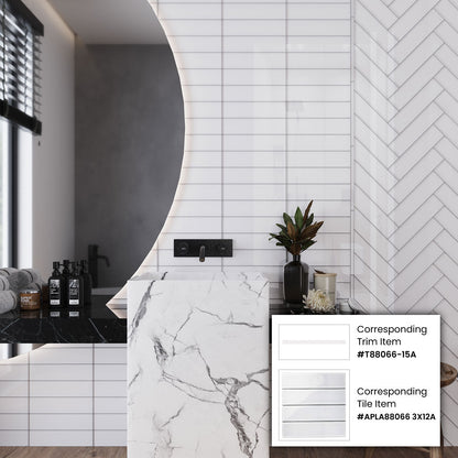 White 0.5x12 Glass Glossy Pencil Tile Trim (10 pack, 0.5 sq ft/case)