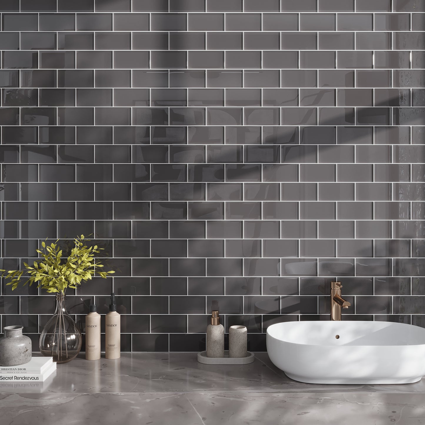 Ash Gray 3x6 Glossy Subway Glass Tile (40 pack, 5 sq ft/case)