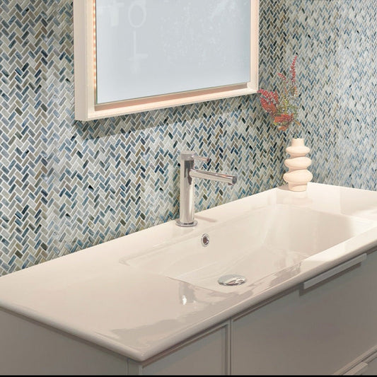 Blue Gray 12x12 Glossy Herringbone Glass Mosaic Tile (10 pack, 9.75 sq ft/case)