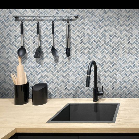 Blue 12x12 Glossy Herringbone Glass Mosaic Tile (10 pack, 9.75 sq ft/case)