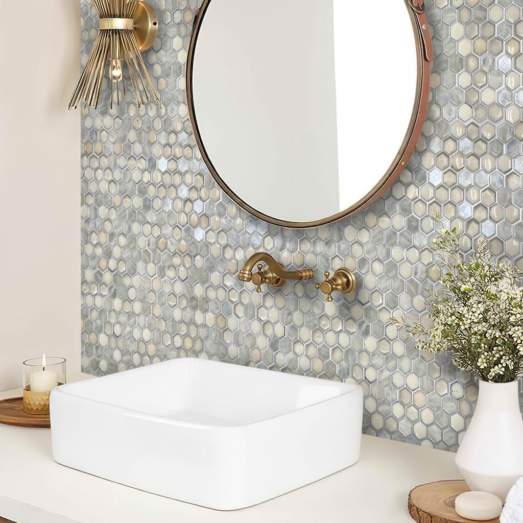 Gray White 11x11 Glossy Matte Hexagon Glass Ceramic Mosaic Tile (10 pack, 8.63 sq ft/case) - Sample