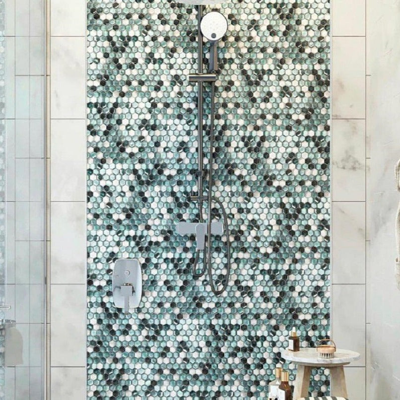 Blue 11x11 Glossy Matte Hexagon Glass Mosaic Tile (10 pack, 8.63 sq ft/case) - Sample