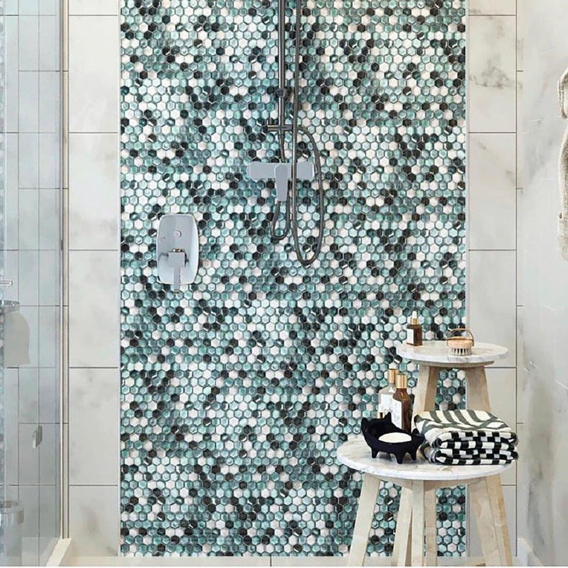 Blue 11x11 Glossy Matte Hexagon Glass Mosaic Tile (10 pack, 8.63 sq ft/case) - Sample