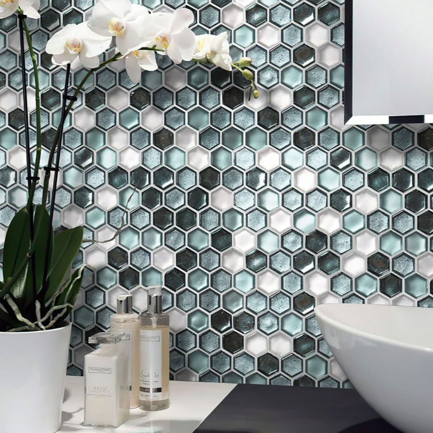 Blue 11x11 Glossy Matte Hexagon Glass Mosaic Tile (10 pack, 8.63 sq ft/case)