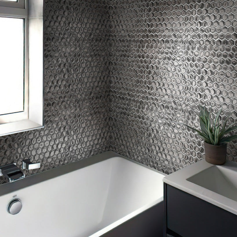 Silver 11x11 Glossy Hexagon Glass Mosaic Tile (10 pack, 8.63 sq ft/case) - Sample