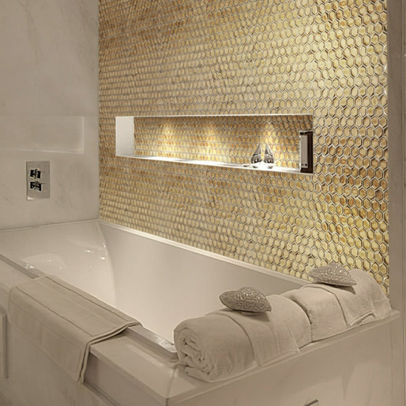 Gold 11x11 Glossy Hexagon Glass Mosaic Tile (10 pack, 8.63 sq ft/case)