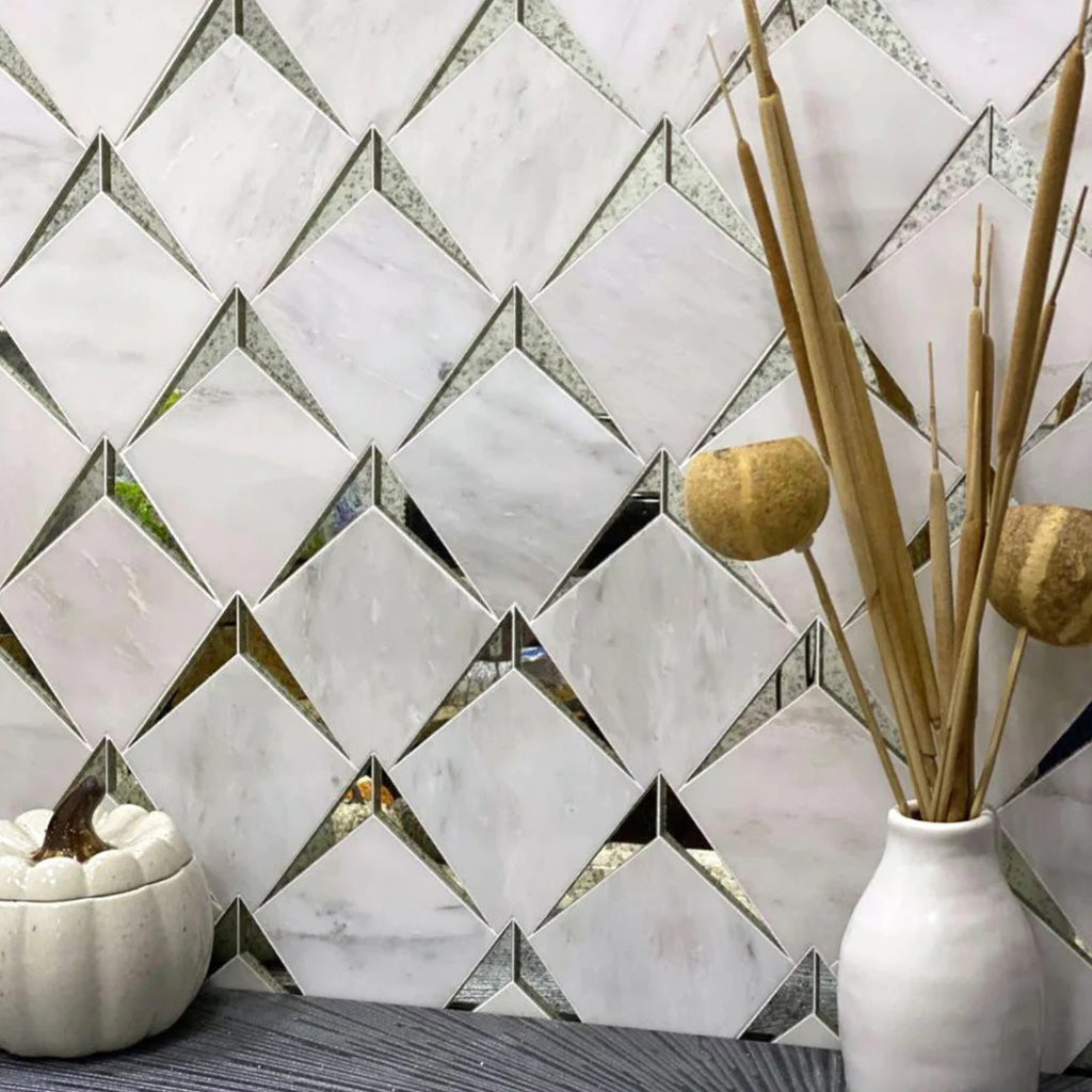White 12x12 Polished Diamond Eastern White, Glass Mosaic Tile (5 pack, 5 sq ft/case) - Sample