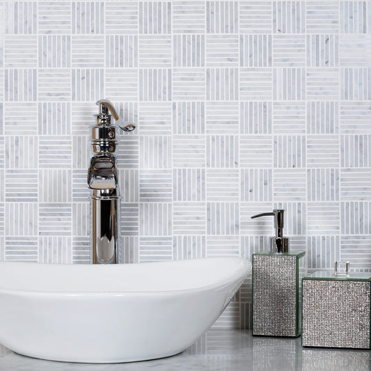 White Gray 12x12 Polished Brick Bianco Carrara Marble Mosaic Tile (5 pack, 5 sq ft/case)