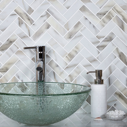 White Beige 11x13 Matte Herringbone Recycled Glass Mosaic Tile (10 pack, 9.625 sq ft/case) - Sample