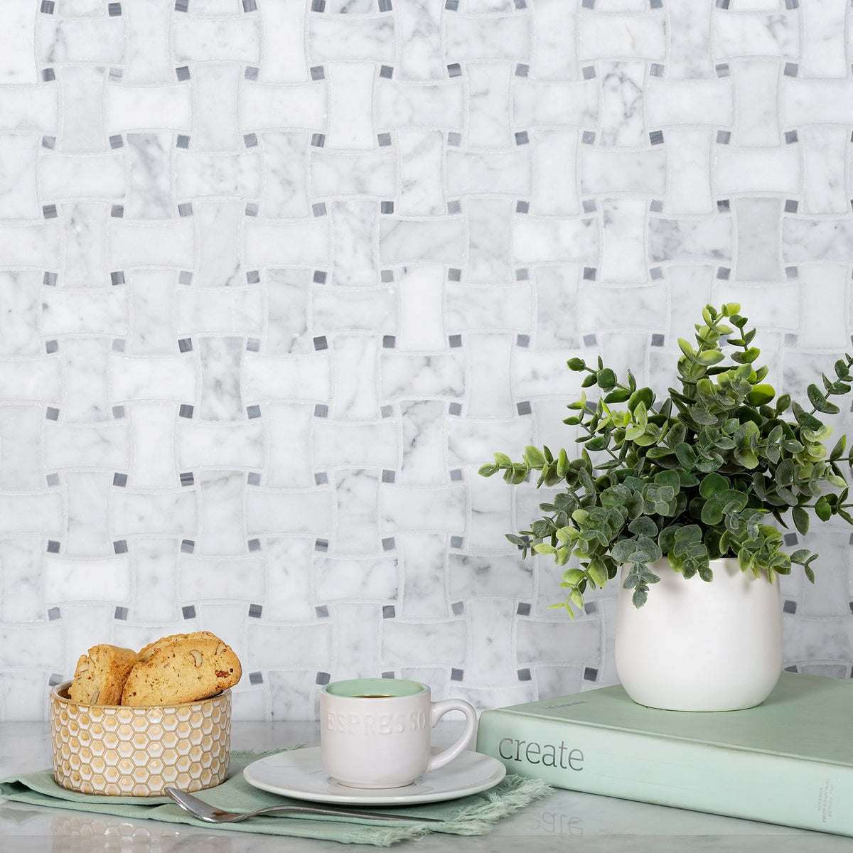 White 12x12 Polished Basketweave Bianco Carrara Bardiglio Nuvolato Marble Mosaic Tile (5 pack, 5 sq ft/case)