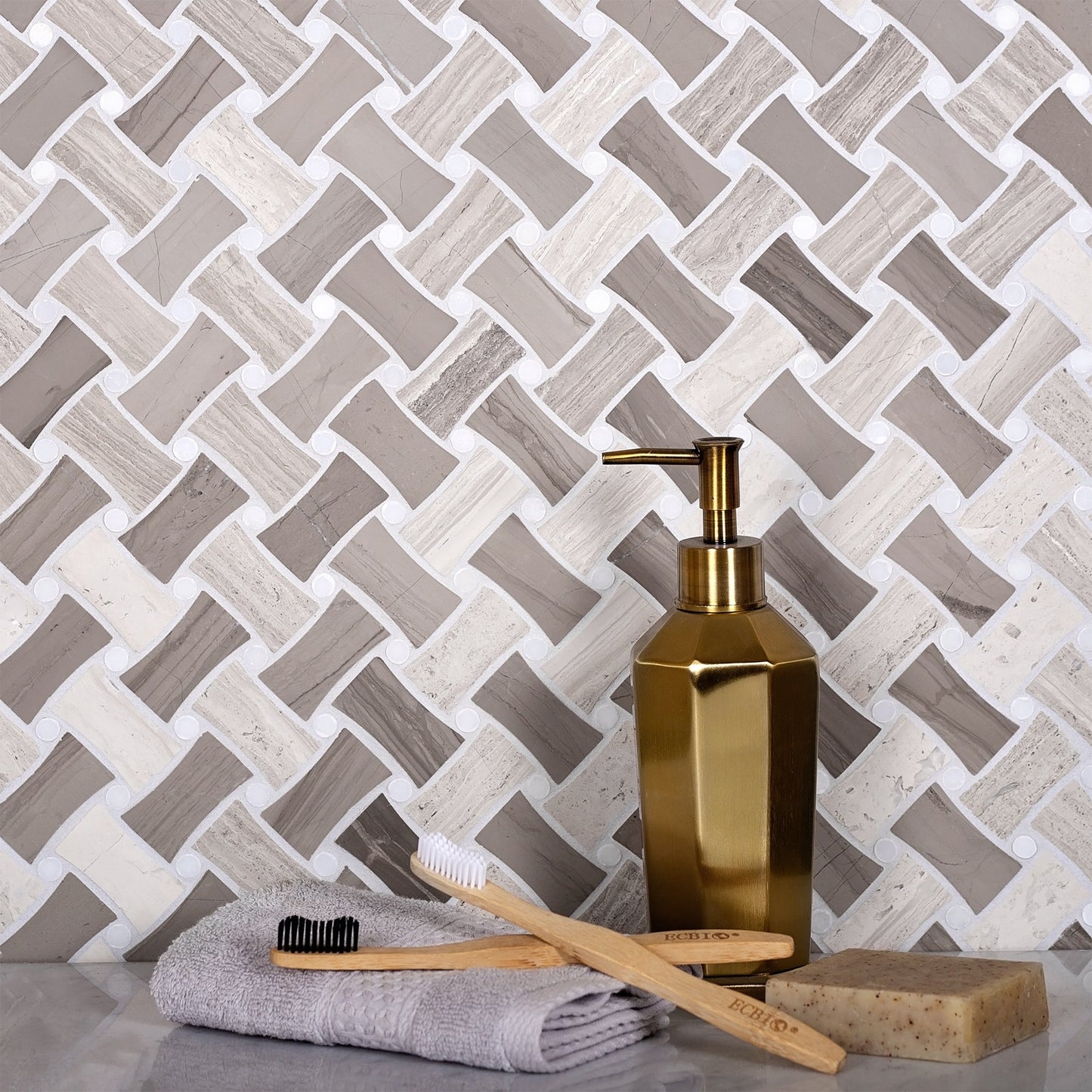 Eastern White, Wooden & Athens Grey 11x11 Polished Basketweave Marble Mosaic Tile (5 pack, 4.2 sq ft/case)
