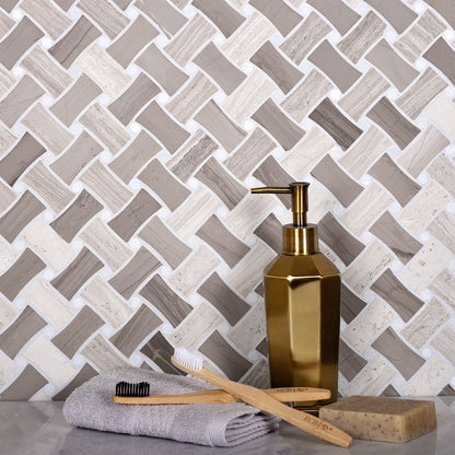 Eastern White, Wooden & Athens Grey 11x11 Polished Basketweave Marble Mosaic Tile (5 pack, 4.2 sq ft/case)