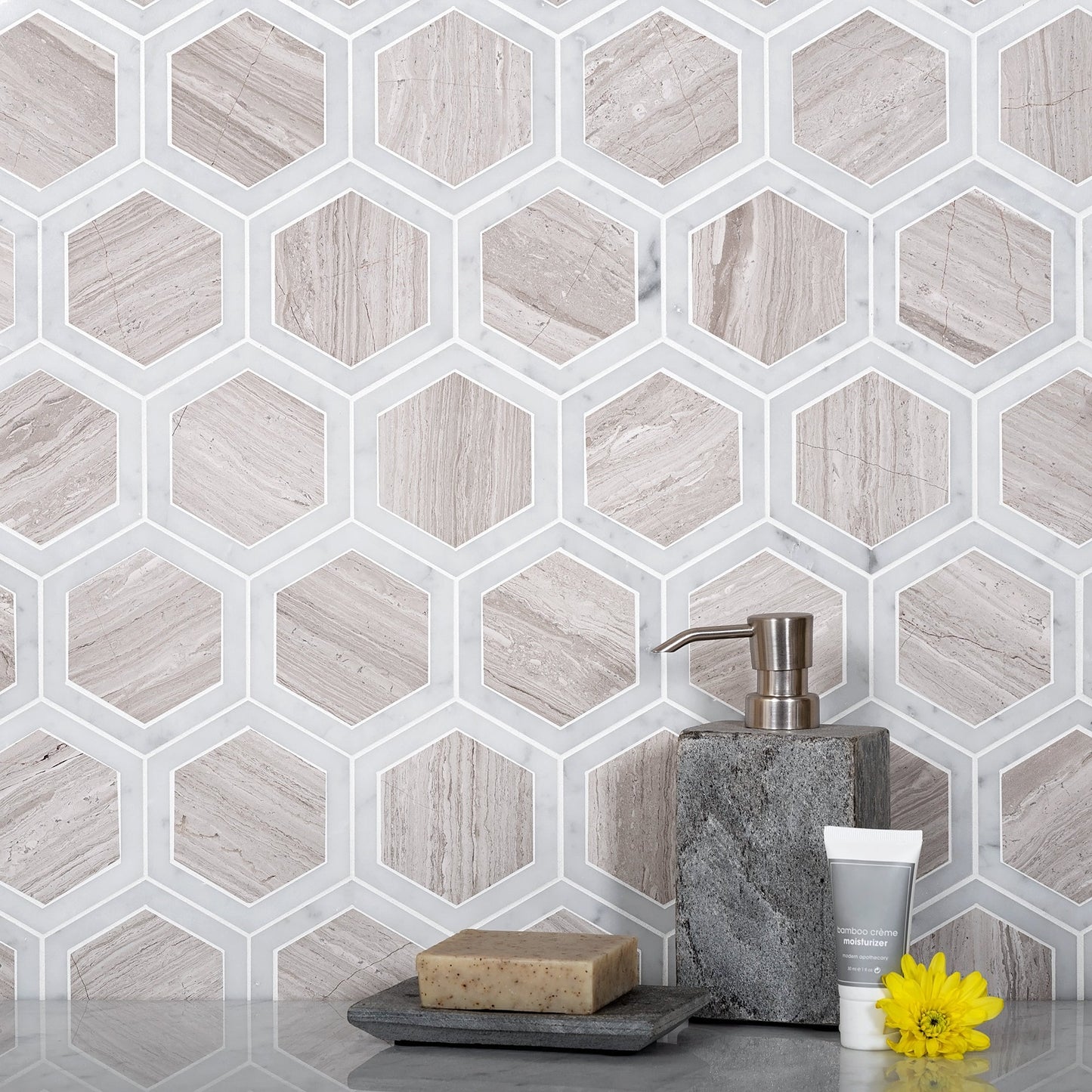 Wooden Grey, Bianco Carrara 12x14 Polished Hexagon Marble Mosaic Tile (5 pack, 5.48 sq ft/case)