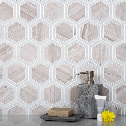 Wooden Grey, Bianco Carrara 12x14 Polished Hexagon Marble Mosaic Tile (5 pack, 5.48 sq ft/case)